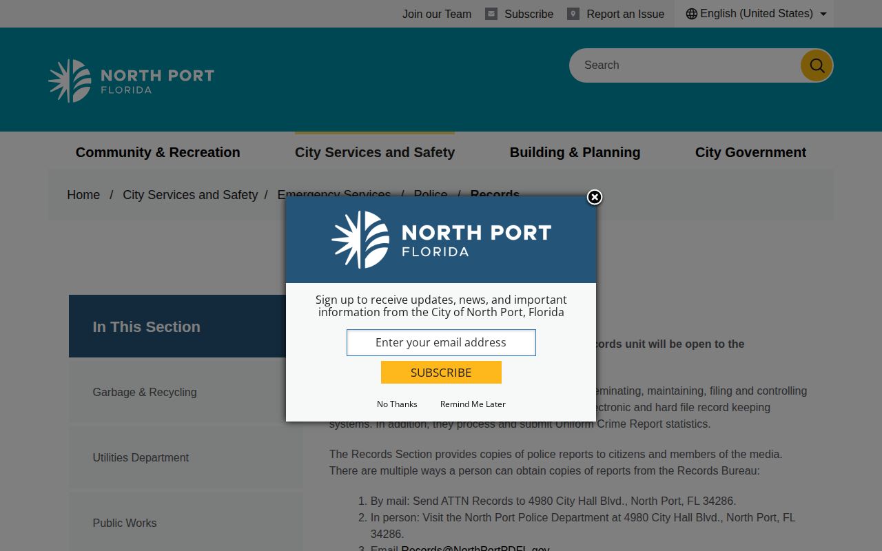 North Port Police arrest records contact page in Sarasota County