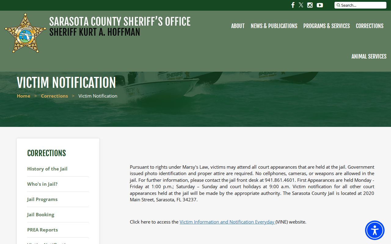 Sarasota County VINELink victim notification information