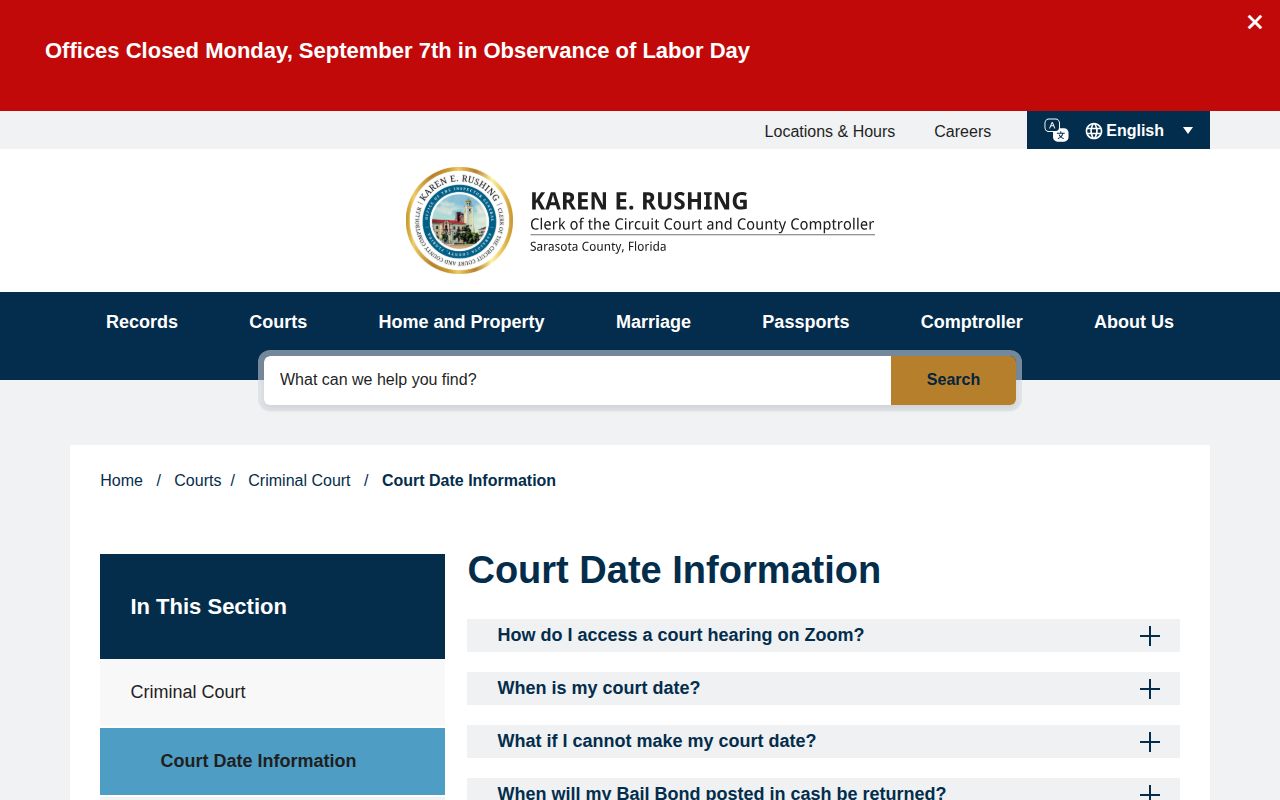 Sarasota County arrest court date and case event navigation