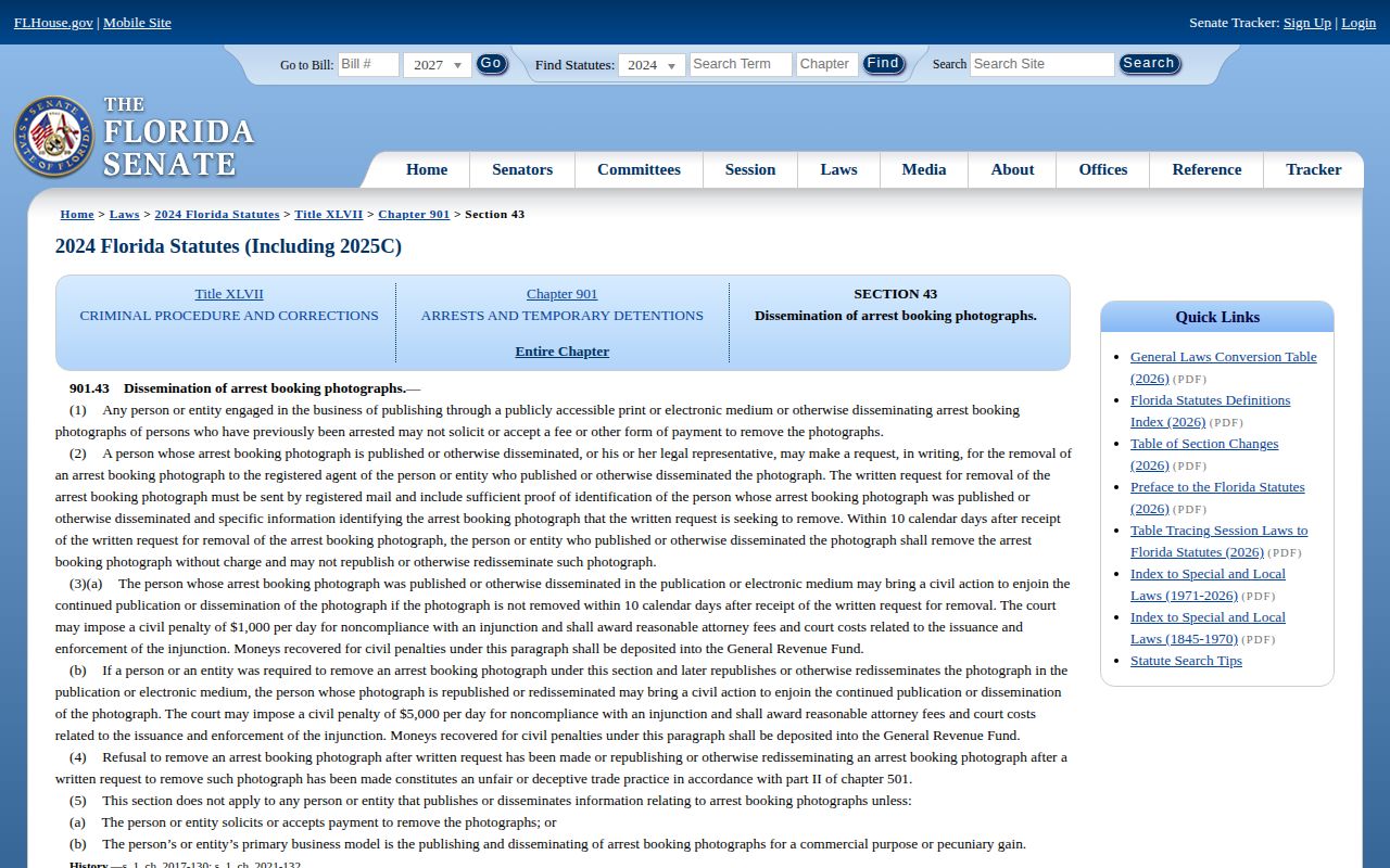 Florida arrest booking photo removal statute for Sarasota County records